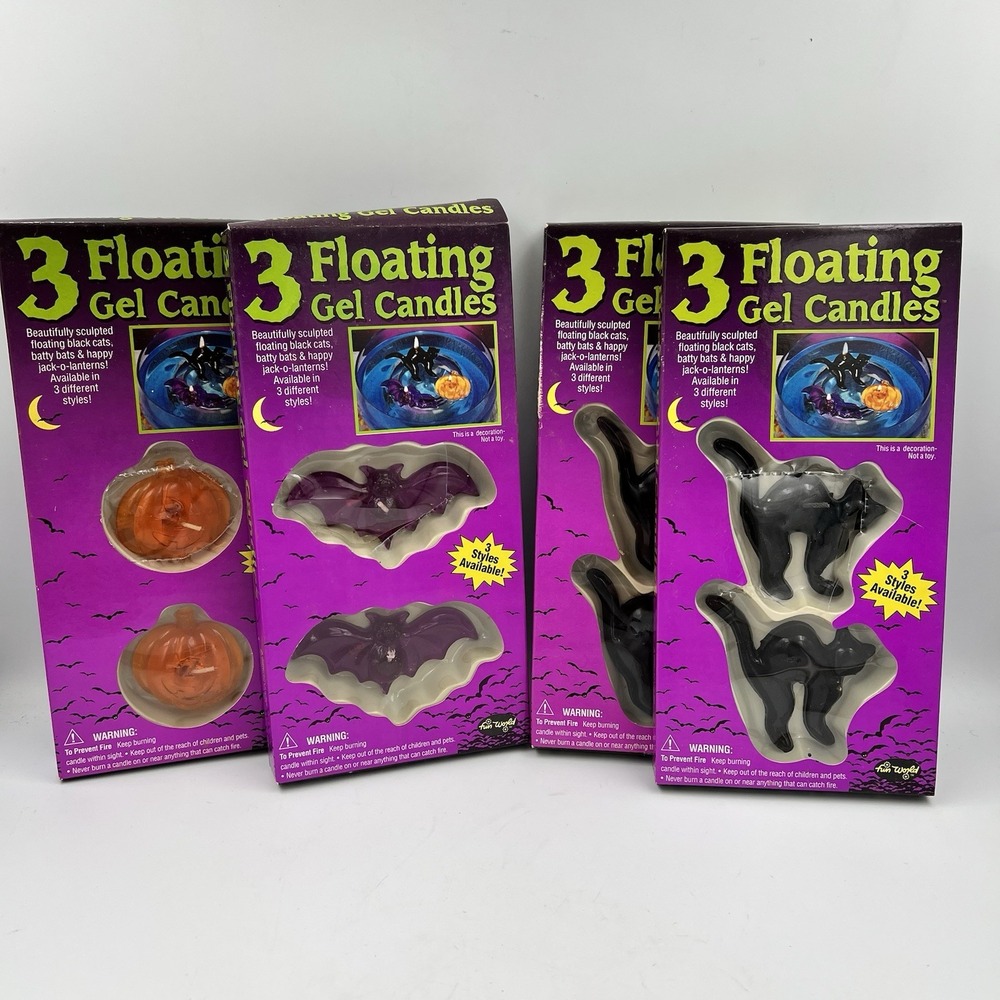 Vintage Lot Of 4 Halloween Floating Gel Candles Pack of 3 Bat Black Cat Pumpkin